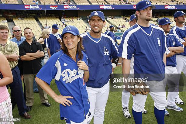 Soccer star Mia Hamm with her husband, Los Angeles Dodger Nomar Garciaparra during Hollywood Stars Night prior to the Los Angeles Dodgers vs the...