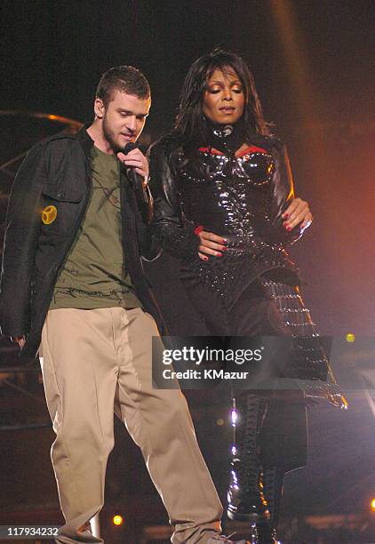 Janet Jackson and Justin Timberlake during The AOL TopSpeed Super Bowl XXXVIII Halftime Show Produced by MTV at Reliant Stadium in Houston, Texas,...