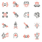 Vector set of linear icons related to leadership development, assertiveness, empowerment, skills. Mono line pictograms and infographics design elements - 1