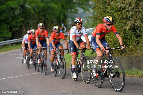 Andrea Garosio of Italy and Team Bahrain - Merida / Roberto Ferrari of Italy and UAE - Team Emirates / Yukiya Arashiro of Japan and Team Bahrain -...