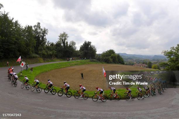 Andrea Garosio of Italy and Team Bahrain - Merida / Roberto Ferrari of Italy and UAE - Team Emirates / Yukiya Arashiro of Japan and Team Bahrain -...