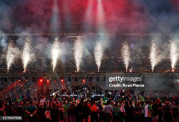 Ryan Tedder of One Republic performs during the 2019 NRL Grand Final match between the Canberra Raiders and the Sydney Roosters at ANZ Stadium on...