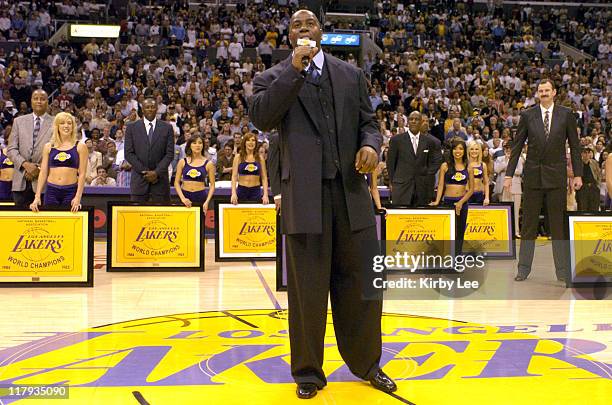 The 1985 Los Angeles Lakers NBA Championship team is honored during the halftime ceremony at the Staples Center in Los Angeles, Calif. On Monday,...