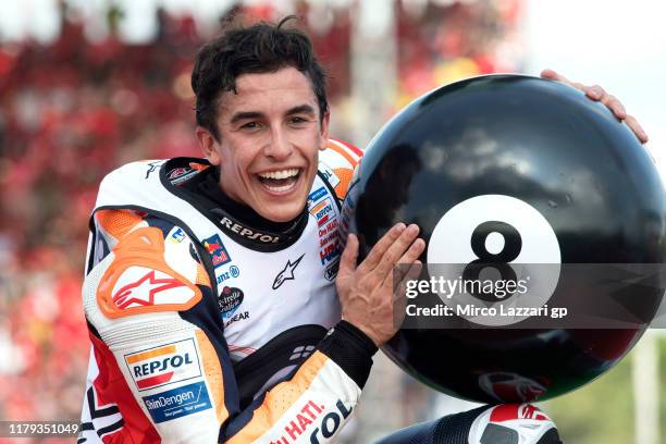 Marc Marquez of Spain and Repsol Honda Team celebrates victory and the 2019 MotoGP Championship at the end of the MotoGP of Thailand on October 06,...