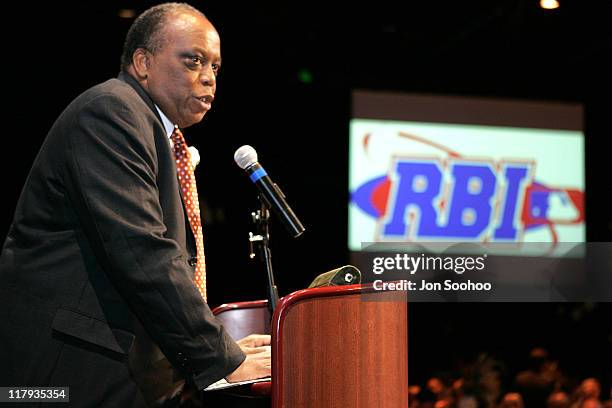 Founder John Young speaks during the RBI Dinner at the Globe Theatre, Universal Studios Hollywood Theme Park. Reviving Baseball in Inner Cities Hall...