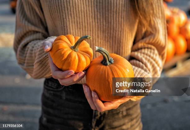 two pumpkins - holding two things stock pictures, royalty-free photos & images
