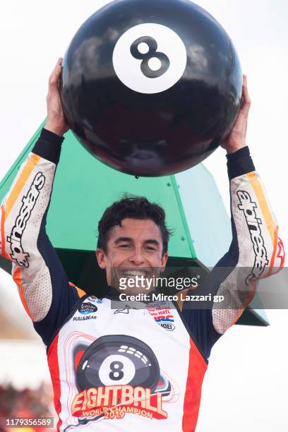 Marc Marquez of Spain and Repsol Honda Team celebrates the MotoGP victory and the 2019 MotoGP Championship at the end of the MotoGP race during the...