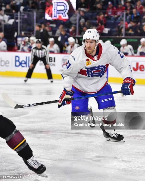 Dale Weise of the Laval Rocket skates against the Cleveland Monsters at Place Bell on October 4, 2019 in Laval, Canada. The Cleveland Monsters...