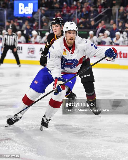 Dale Weise of the Laval Rocket skates against the Cleveland Monsters at Place Bell on October 4, 2019 in Laval, Canada. The Cleveland Monsters...