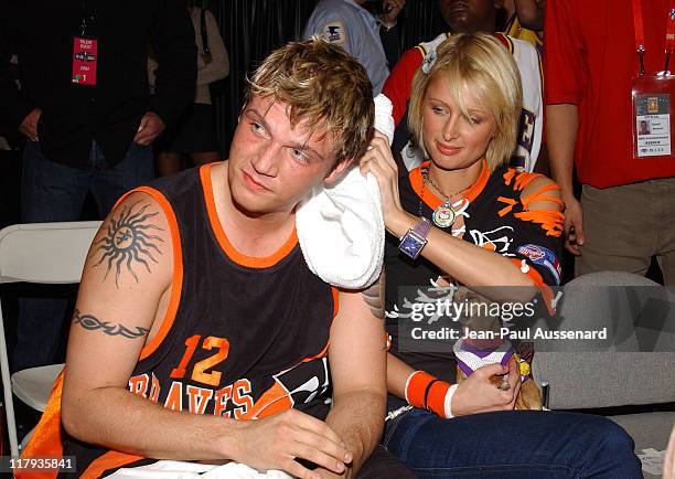 Nick Carter and Paris Hilton during 2004 NBA All-Star Celebrity Game at Los Angeles Convention Center in Los Angeles, California, United States.