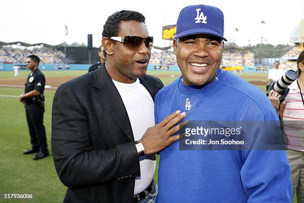 Former baseball star Sammy Sosa with Los Angeles Dodger pitcher Odalis Perez during Hollywood Stars Night prior to the Los Angeles Dodgers vs the...