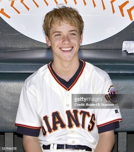 Jeremy Sumpter, SF Giants fan and star of the new CBS series 'Clubhouse', attends the Arizona Diamondbacks versus San Francisco Giants game to throw...