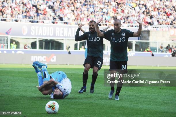 Rodrigo Palacio reacts after committing a foul into the penalty area on Sergj Milinkovic Savic of SS Lazio during the Serie A match between Bologna...