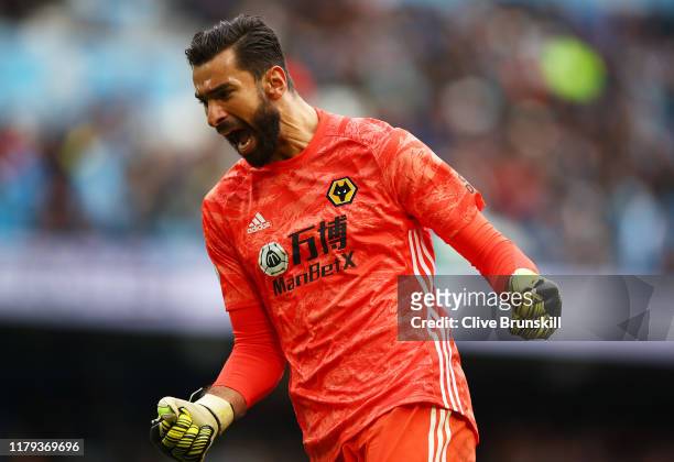Rui Patricio of Wolverhampton Wanderers celebrates after their teams victory in the Premier League match between Manchester City and Wolverhampton...