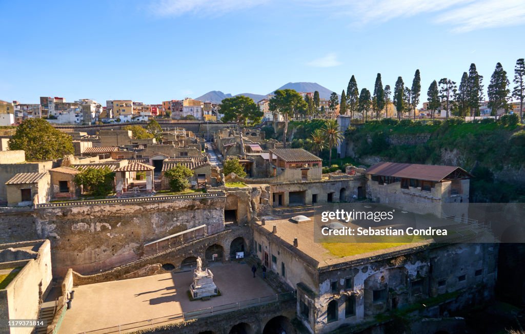 Panoramic view of Herculaneum ancient roman ruins, travel in Italy.