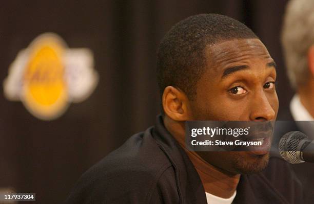 Kobe Bryant answers questions during a press conference held at the Lakers training facility in El Segundo, Calif.. Thursday, July 15, 2004. Bryant...