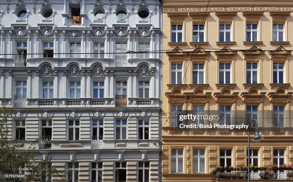 Facades of pre-war residential buildings in the district of Mitte, Berlin, Germany