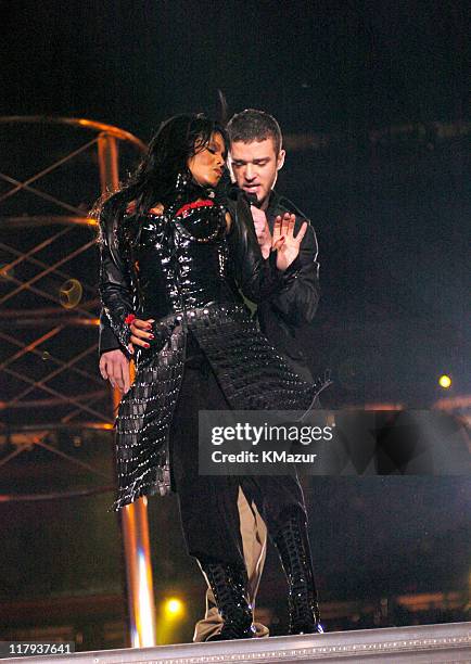 Janet Jackson and Justin Timberlake during The AOL TopSpeed Super Bowl XXXVIII Halftime Show Produced by MTV at Reliant Stadium in Houston, Texas,...