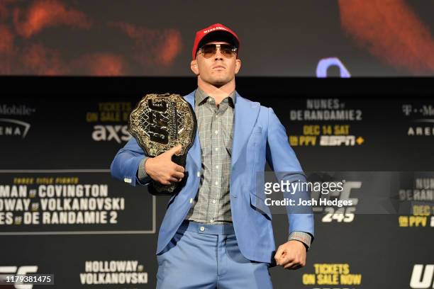 Colby Covington poses on stage during the UFC 245 press conference at the Hulu Theatre at Madison Square Garden on November 1, 2019 in New York, New...