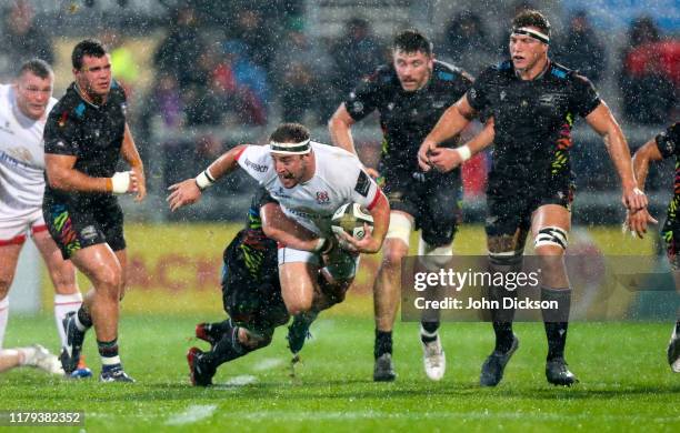 Belfast , United Kingdom - 1 November 2019; Rob Herring of Ulster is tackled by Danilo Fischetti of Zebre during the Guinness PRO14 Round 5 match...