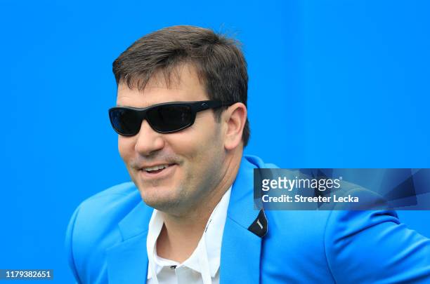 Former Carolina Panthers quarterback, Jake Delhomme, watches on before the game against the Jacksonville Jaguars at Bank of America Stadium on...