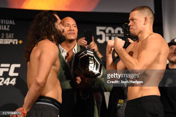 Jorge Masvidal and Nate Diaz face off during the UFC 244 weigh-ins at the Hulu Theatre at Madison Square Garden on November 1, 2019 in New York, New...
