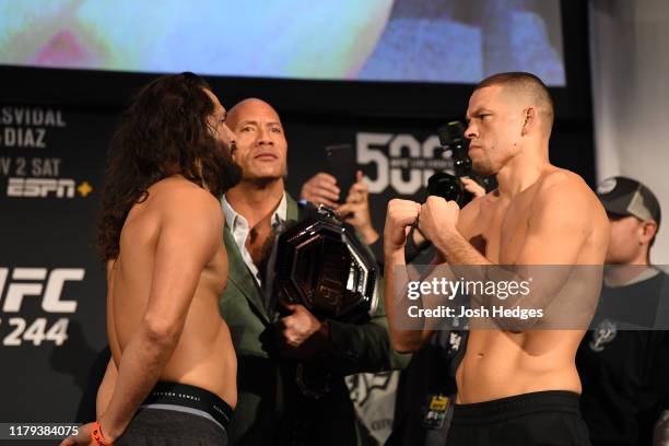 Jorge Masvidal and Nate Diaz face off during the UFC 244 weigh-ins at the Hulu Theatre at Madison Square Garden on November 1, 2019 in New York, New...