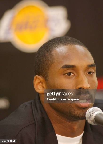 Kobe Bryant answers questions during a press conference held at the Lakers training facility in El Segundo, Calif.. Thursday, July 15, 2004. Bryant...