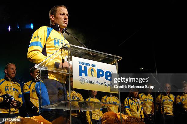 Lance Armstrong and the Tour of Hope Team during Lance Armstrong Kicks Off Bristol-Myers Squibb Tour of Hope at City of Hope Cancer Center in Duarte,...