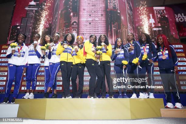 Natalliah Whyte, Shelly-Ann Fraser-Pryce, Jonielle Smith and Shericka Jackson of Jamaica, gold, Asha Philip, Dina Asher-Smith, Ashleigh Nelson and...