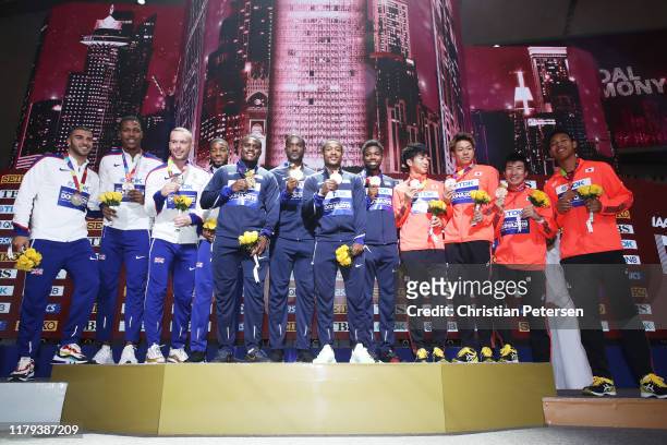Christian Coleman, Justin Gatlin, Michael Rodgers and Noah Lyles of the United States, gold, Adam Gemili, Zharnel Hughes, Richard Kilty and Nethaneel...