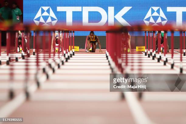 Janeek Brown of Jamaica prepares to compete in the Women's 100 metres hurdles semi finals during day ten of 17th IAAF World Athletics Championships...