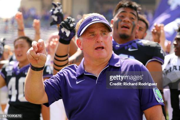 Head coach Gary Patterson of the TCU Horned Frogs after the win against the Kansas Jayhawks at Amon G. Carter Stadium on September 28, 2019 in Fort...