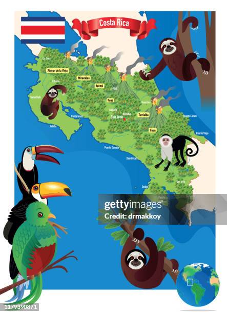 karikaturkarte von costa rica, san jose, puerto limén, alajuela, heredia, cinco esquinas, obdachlos, liberia, puntarenas, san vicente, barranca - quetzal stock-grafiken, -clipart, -cartoons und -symbole