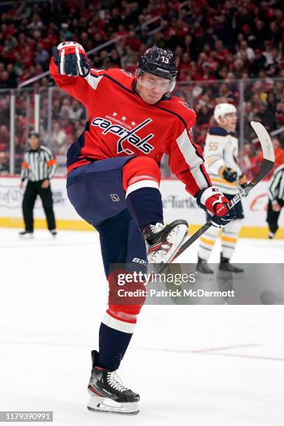 Jakub Vrana of the Washington Capitals celebrates after scoring his second goal of the game in the first period against the Buffalo Sabres at Capital...