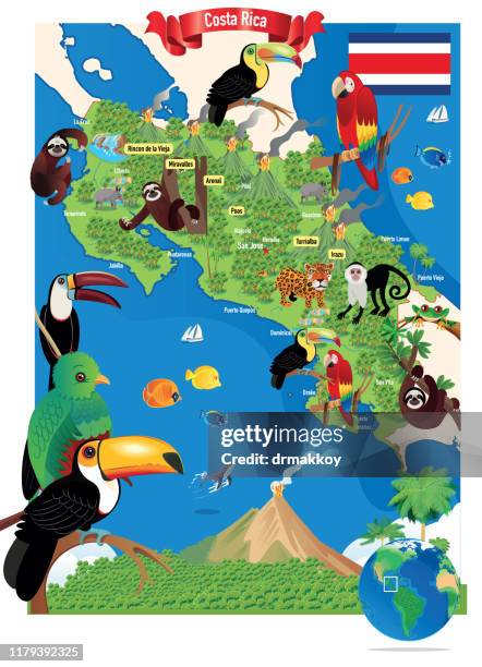 karikaturkarte von costa rica, san jose, puerto limén, alajuela, heredia, cinco esquinas, obdachlos, liberia, puntarenas, san vicente, barranca - quetzal stock-grafiken, -clipart, -cartoons und -symbole