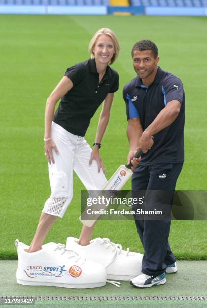 Paula Radcliffe and Jason Robinson during Tesco Sport for Schools & Clubs - Photocall at Chelsea FC in London, Great Britain.