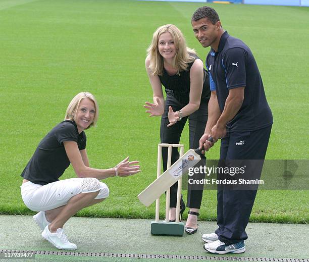 Paula Radcliffe, Gabby Logan and Jason Robinson during Tesco Sport for Schools & Clubs - Photocall at Chelsea FC in London, Great Britain.