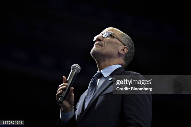 Tom Perez, chairman of the Democratic National Committee, pauses during the Iowa Democratic Party Liberty & Justice Dinner in Des Moines, Iowa, U.S.,...