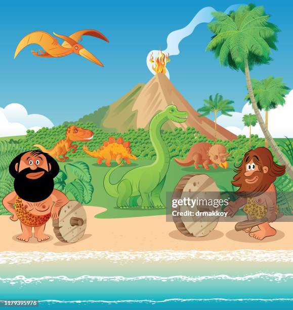 dinosaurs and caveman - arenal volcano stock illustrations