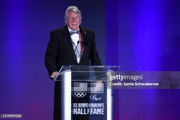 Dick Fosbury speaks at U.S. Olympic & Paralympic Hall of Fame Class of 2019 Induction Ceremony on November 1, 2019 in Colorado Springs, Colorado.