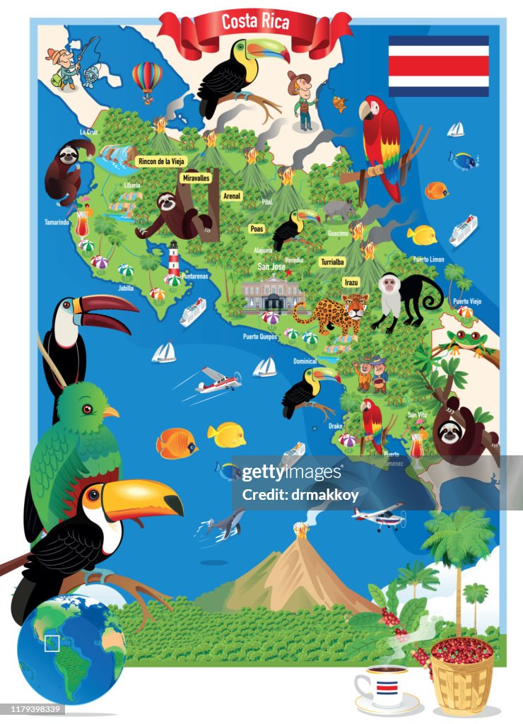 Cartoon map of Costa Rica, San José, Puerto Limón, Alajuela, Heredia, Cinco Esquinas, Desamparados, Liberia, Puntarenas, San Vicente, Barranca