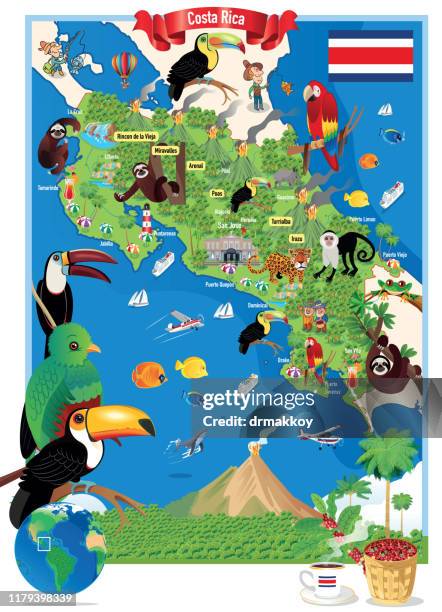 cartoon map of costa rica, san jose, puerto limón, alajuela, heredia, cinco esquinas, homeless, liberia, puntarenas, san vicente, barranca - resplendent quetzal stock illustrations