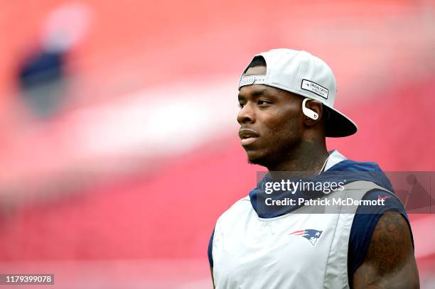 Josh Gordon of the New England Patriots warms up prior to the game against the Washington Redskins at FedExField on October 06, 2019 in Landover,...