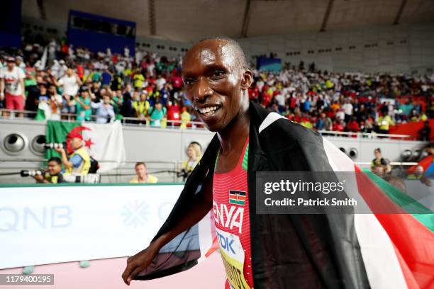 Timothy Cheruiyot of Kenya celebrates winning gold in the Men's 1500 metres final during day ten of 17th IAAF World Athletics Championships Doha 2019...