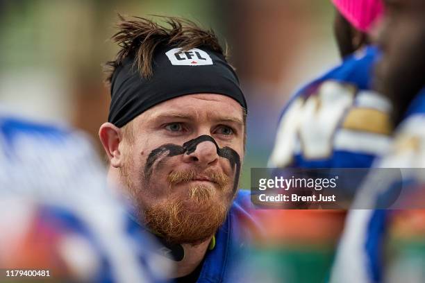Adam Bighill of the Winnipeg Blue Bombers on the sideline during the game between the Winnipeg Blue Bombers and Saskatchewan Roughriders at Mosaic...