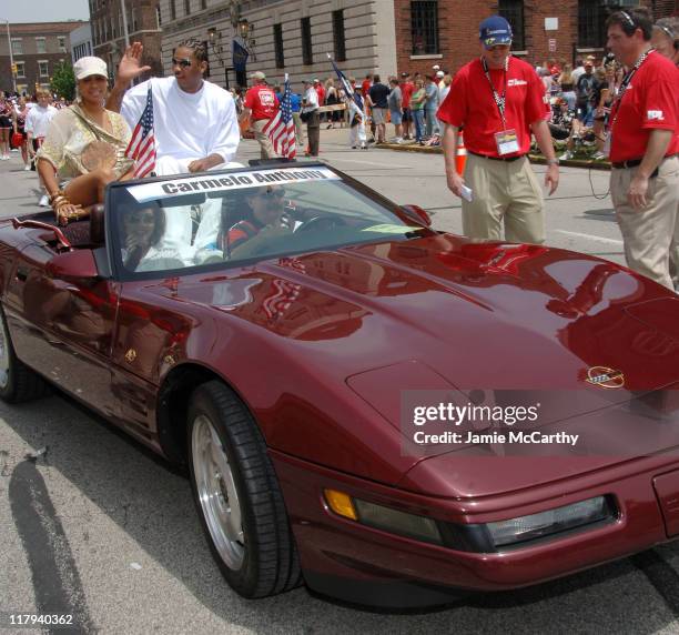 Lala Vasquez and Carmelo Anthony during 90th Running of The Indianapolis 500 - The Indy 500 All Star Festival Parade in Indianapolis, Indiana, United...