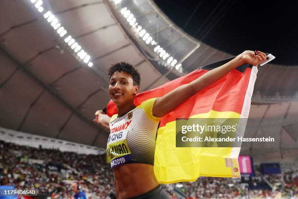 Malaika Mihambo of Germany celebrates winning gold in the Women's Long Jump final during day ten of 17th IAAF World Athletics Championships Doha 2019...