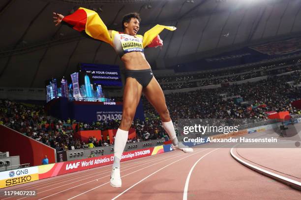 Malaika Mihambo of Germany celebrates winning gold in the Women's Long Jump final during day ten of 17th IAAF World Athletics Championships Doha 2019...