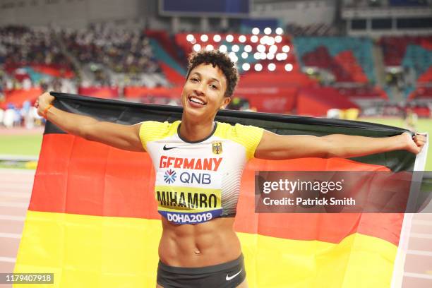Malaika Mihambo of Germany celebrates winning gold in the Women's Long Jump final during day ten of 17th IAAF World Athletics Championships Doha 2019...